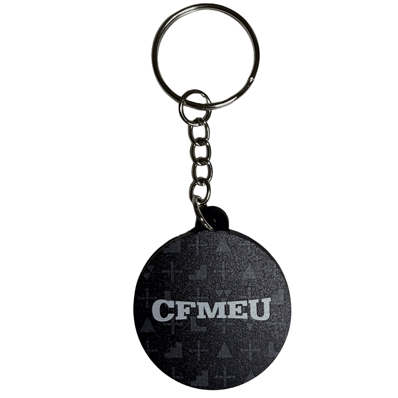 Round black circular keychain with a metal chain, featuring the white letters 'CFMEU'.