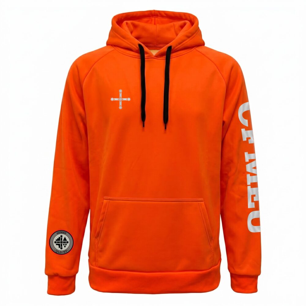 Orange hoodie with black drawstrings, small white cross emblem on chest, and circular patch on left forearm.