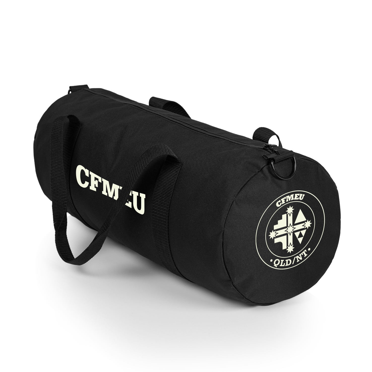Black cylindrical duffel bag with two handles and a white circular logo on the end.