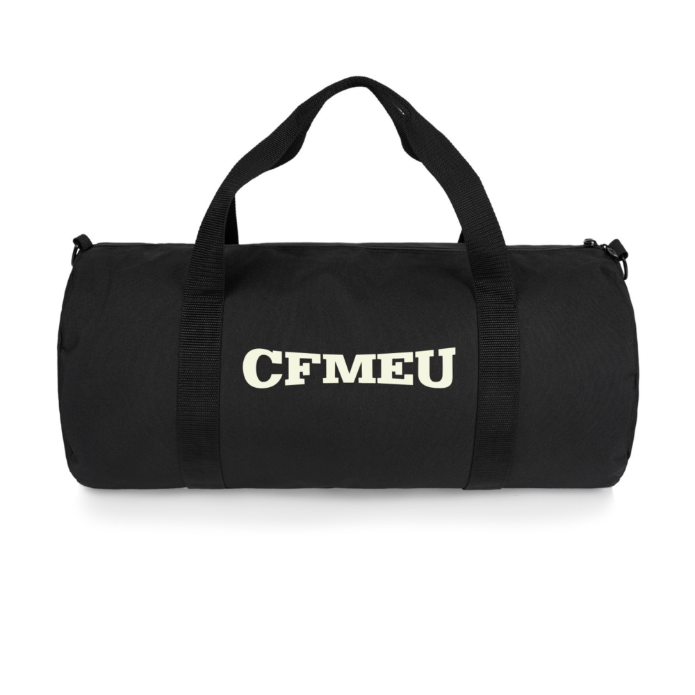 Black duffel bag with two handles and 'CFMU' in cream letters on the side for the logo-bearing side of the bag.