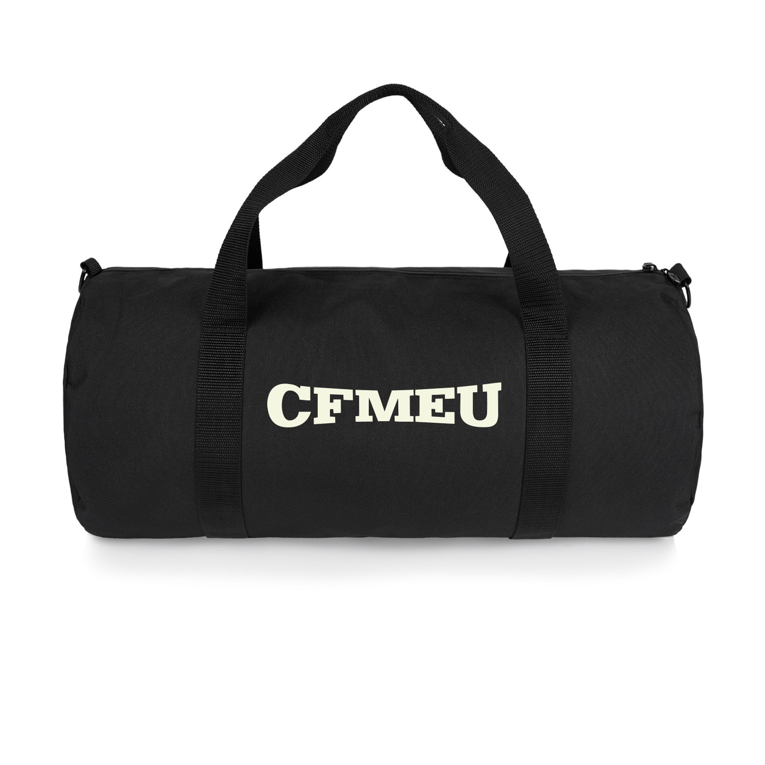 Black duffel bag with two handles and 'CFMU' in cream letters on the side for the logo-bearing side of the bag.