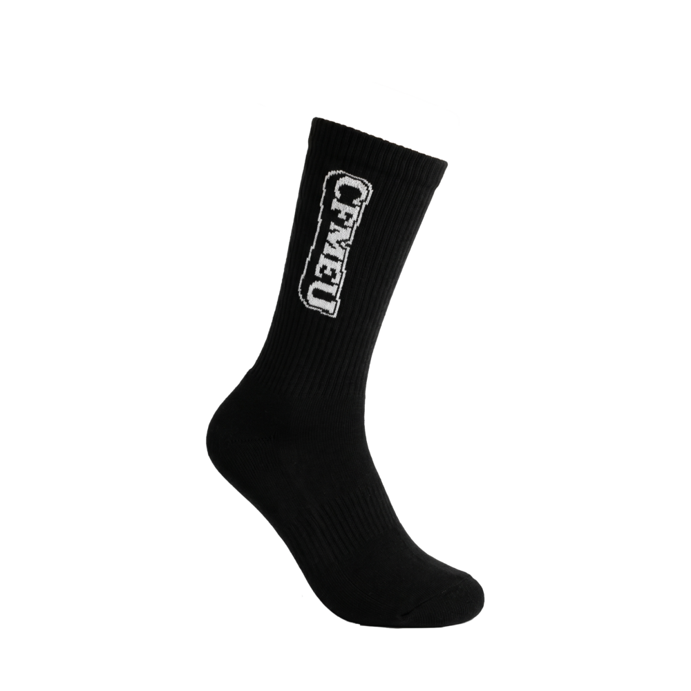 Black ribbed sock shown diagonally with a white brand logo on the side.