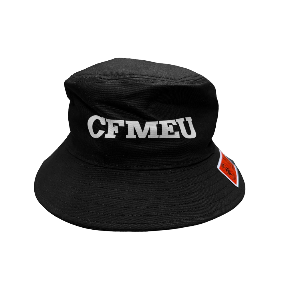 Black bucket hat with white 'CFMEU' text on the front and a red tag on the side.
