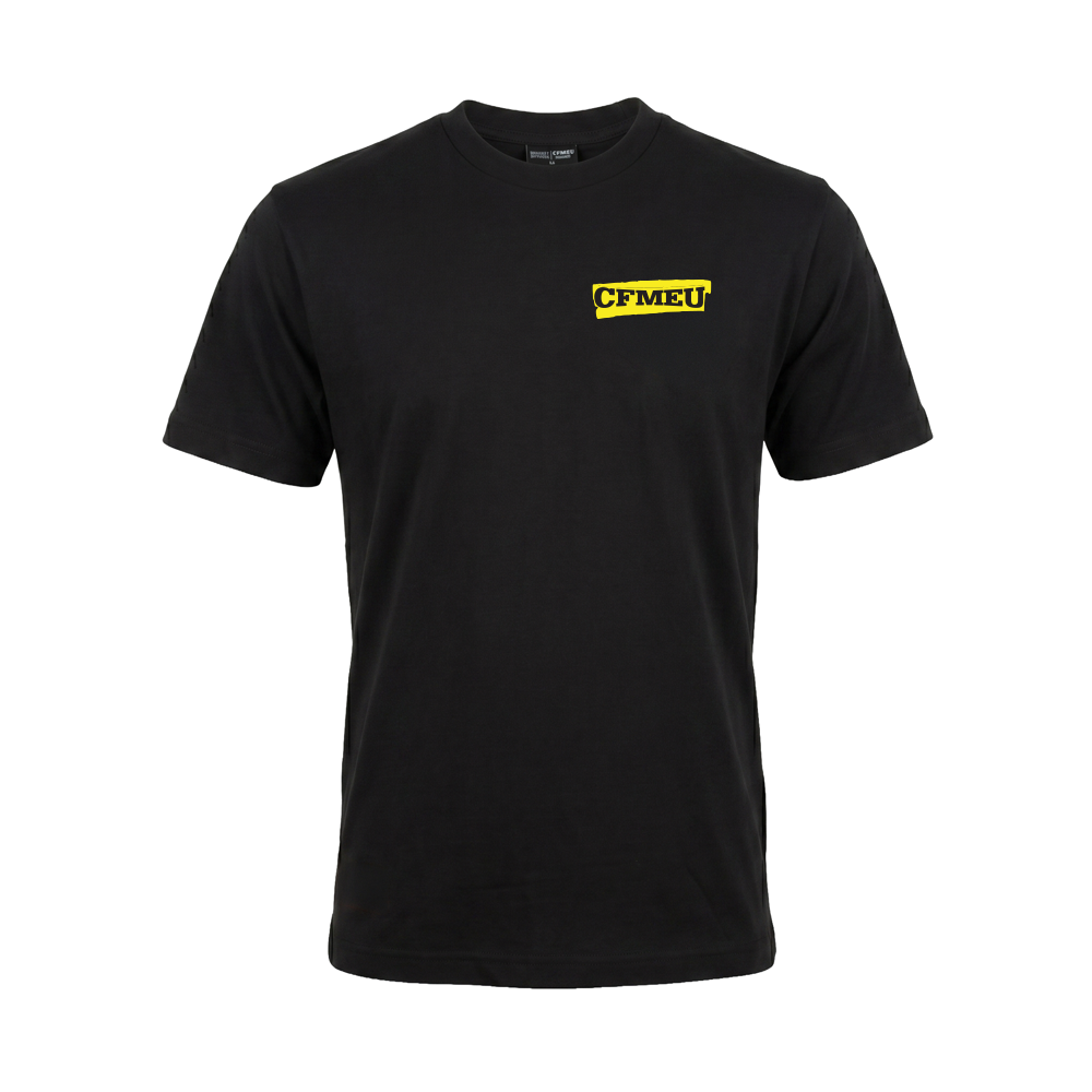Black T-shirt with small yellow CFMEU logo on the left chest area.