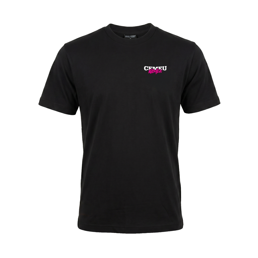 Black short-sleeve T-shirt with a small white and pink 'CFMEU Women' logo on the left chest area.