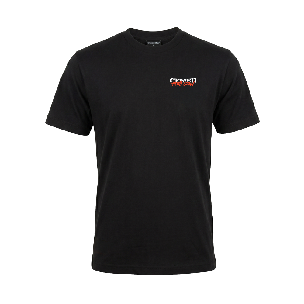 Black short-sleeve T-shirt with a small white and red logo on the left chest area.