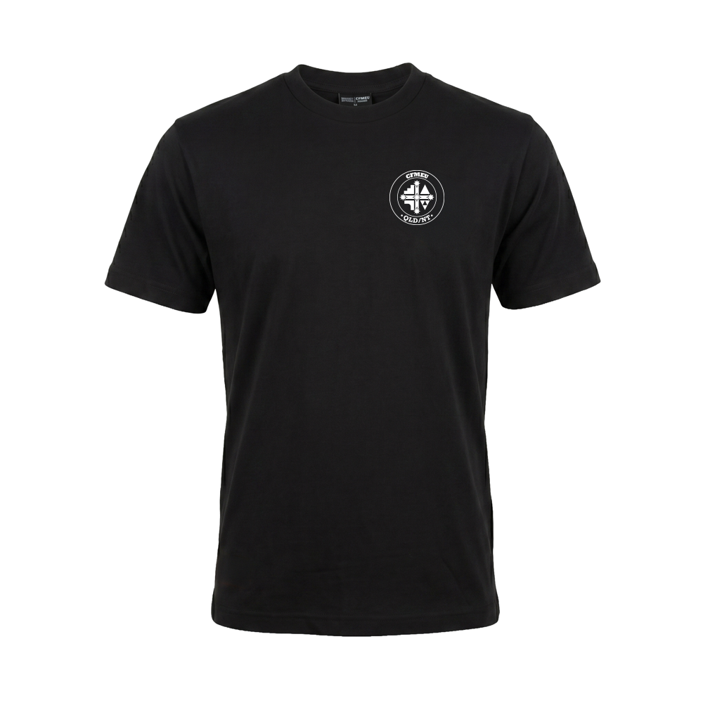 Black short-sleeve T-shirt with a small white circular logo on the left chest.