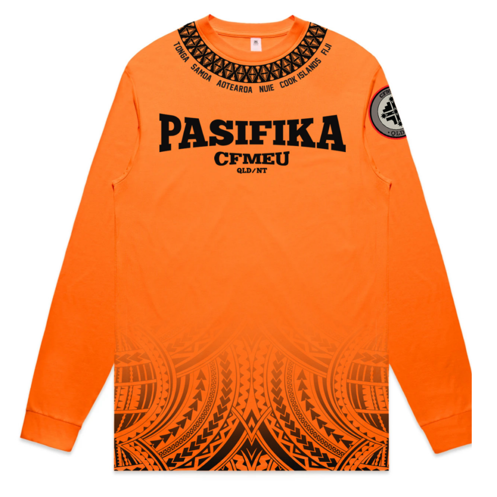 Orange long-sleeve shirt with bold black 'PASIFIKA CFMEU' text and decorative tribal patterns at the collar and hem, plus a circular patch on the left sleeve.
