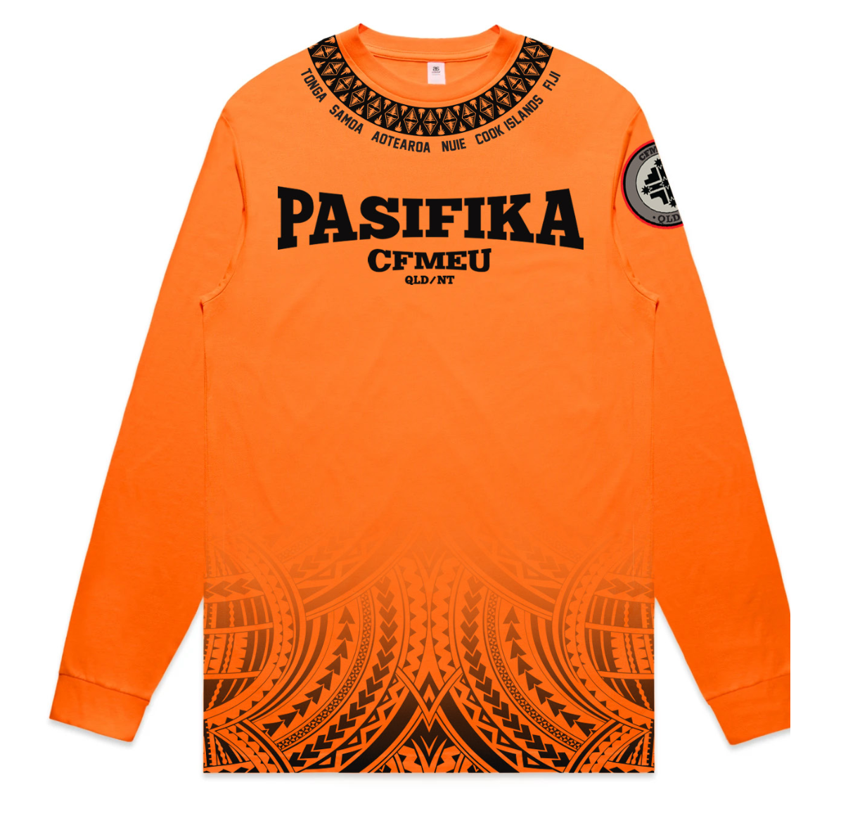 Orange long-sleeve shirt with bold black 'PASIFIKA CFMEU' text and decorative tribal patterns at the collar and hem, plus a circular patch on the left sleeve.