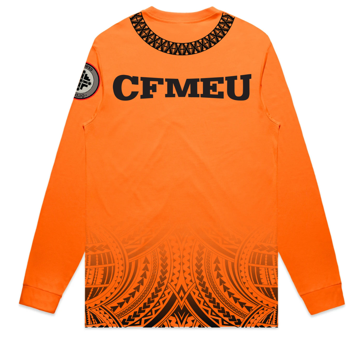 Bright orange long-sleeve shirt with 'CFMEU' across the chest, circular sleeve patch, and black geometric patterns at the hem or bottom edge.