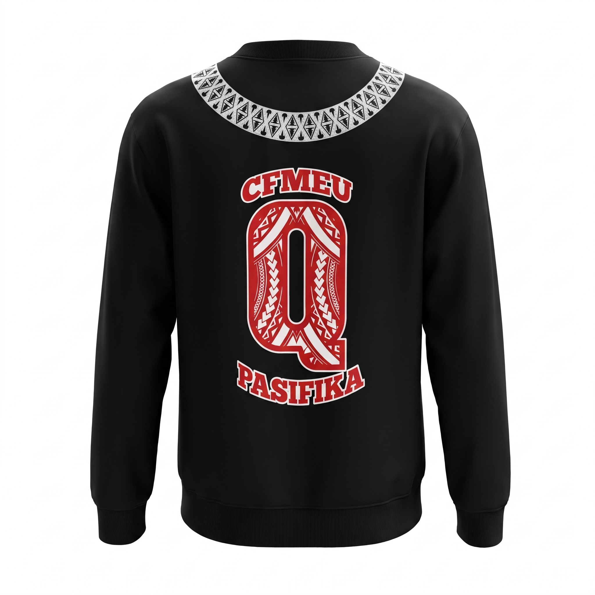 Back view of a black jacket featuring a decorative white patterned collar and bold red lettering on the back (CFMEU).