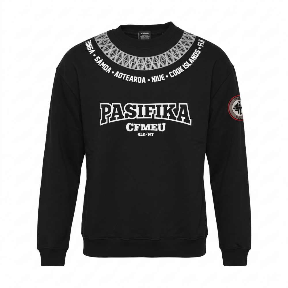 Black sweatshirt featuring bold white 'PASIFIKA' lettering across the chest and a decorative circular pattern around the neckline, with a patch on the left sleeve.