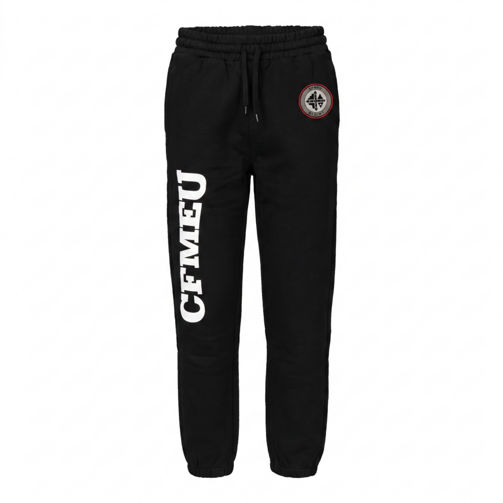 Black jogger pants with an elastic waistband and drawstring, featuring a circular badge on the right thigh and white vertical lettering down the left leg.