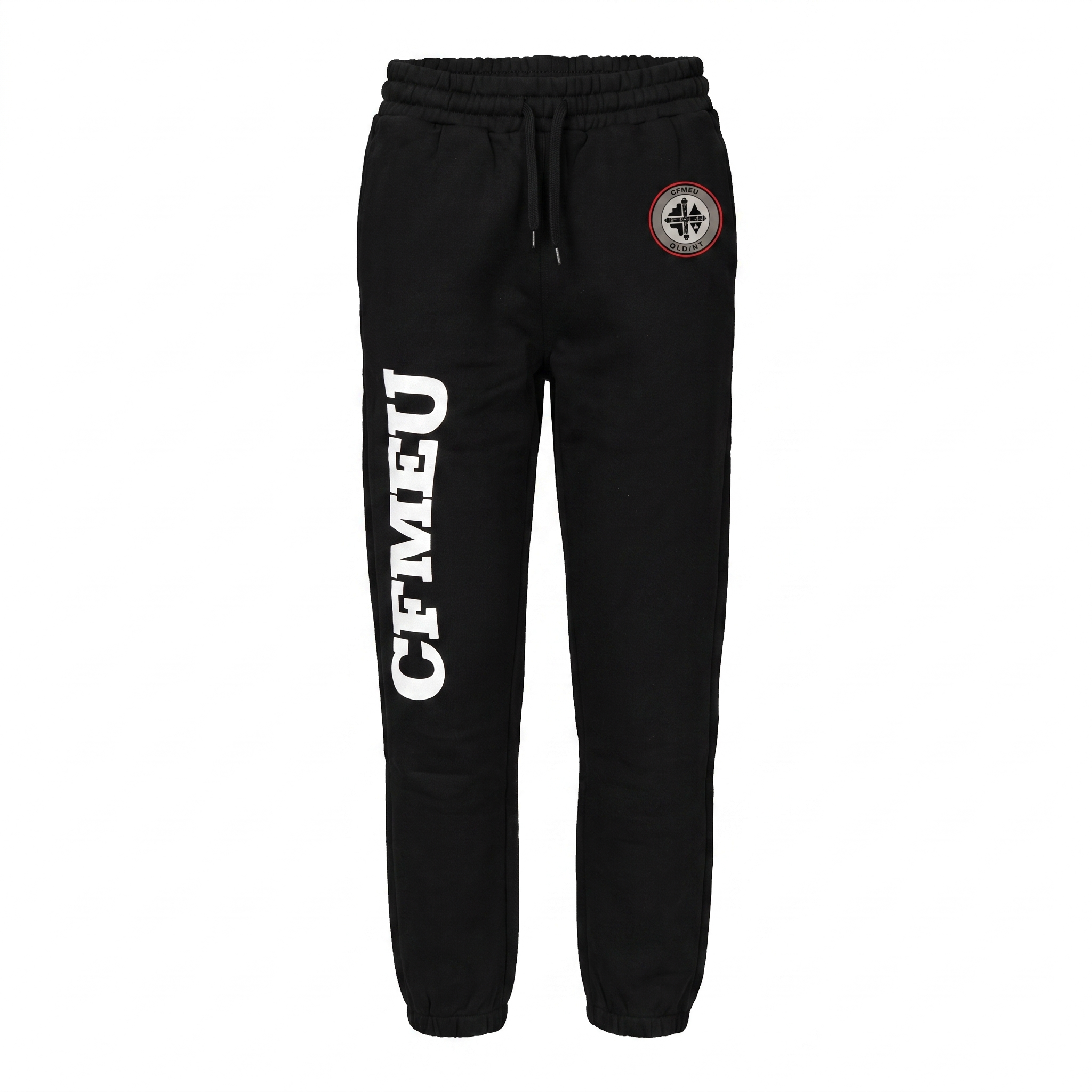 Black jogger pants with an elastic waistband and drawstring, featuring a circular badge on the right thigh and white vertical lettering down the left leg.