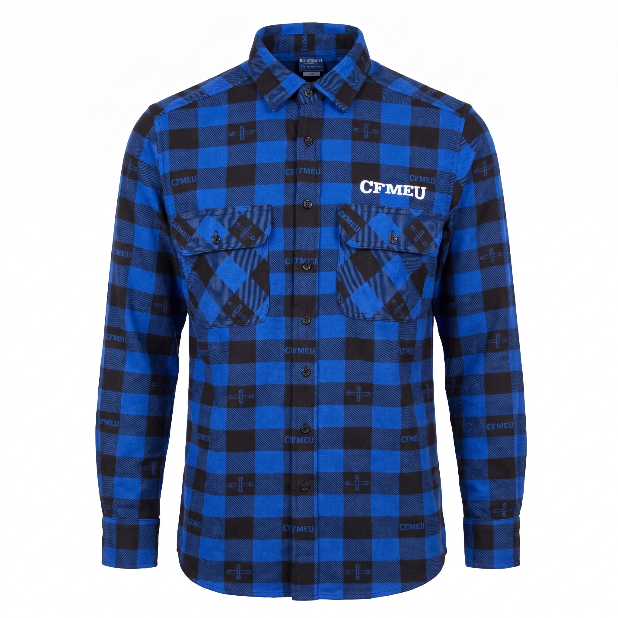 Blue and black plaid button-down shirt with CFMEU branding across the chest area and pocket flaps