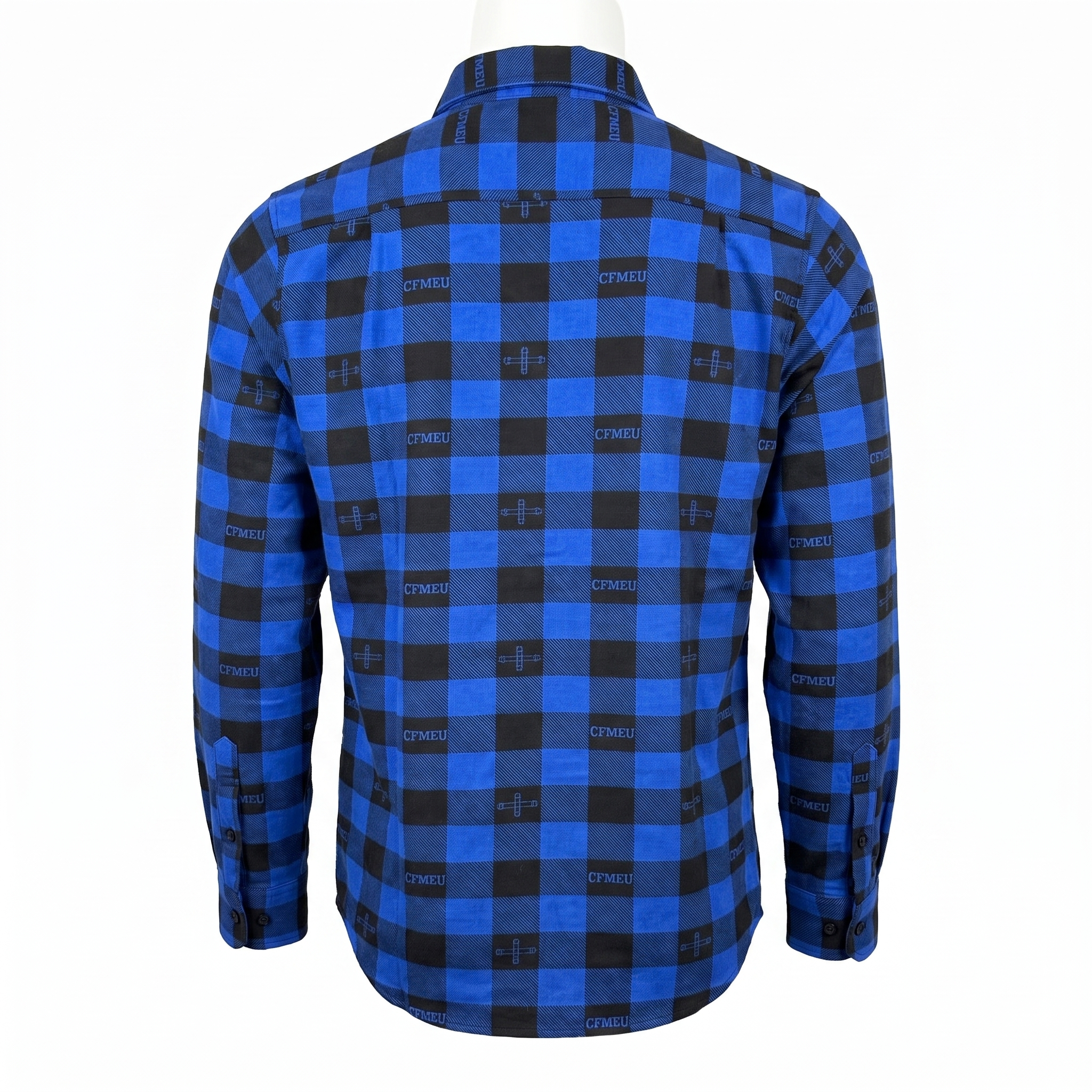 Back view of a blue and black plaid shirt on a mannequin, with CFMEU logos on some squares nearby patterns of the fabric.
